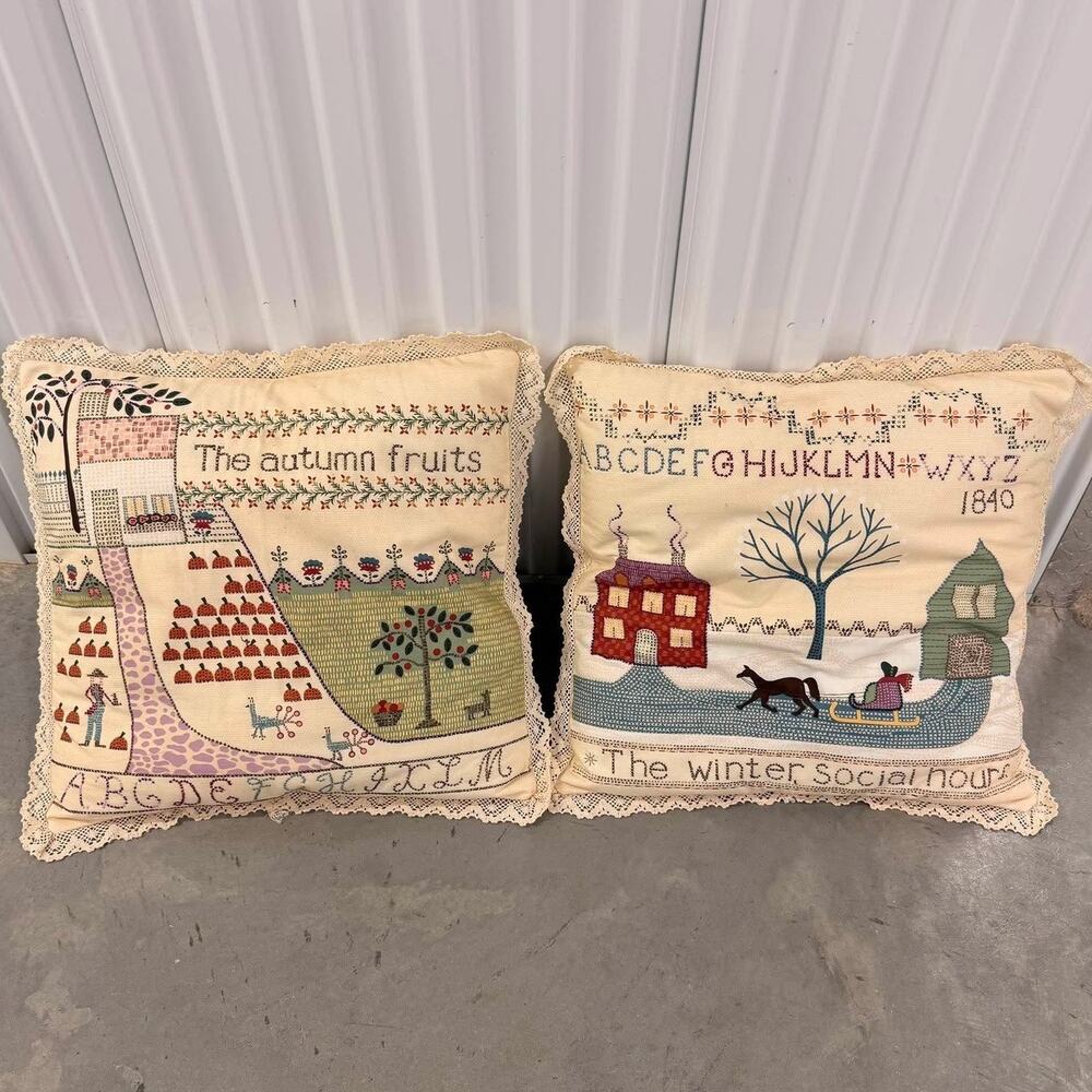 Pair Vintage Folk Art Needlepoint Sampler Pillows Lace Trim Autumn Winter